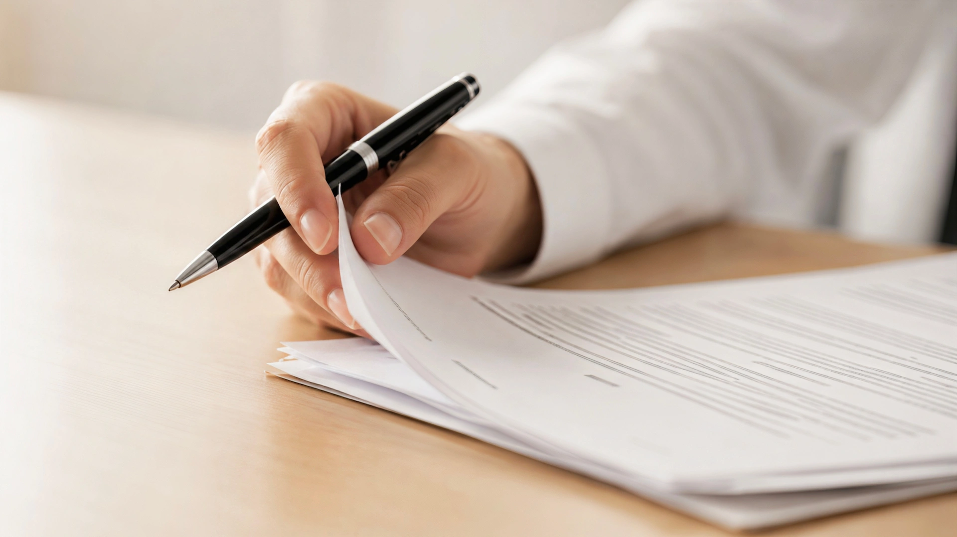 A person holding a pen and flipping through a stack of printed documents on a light wooden desk, wearing a white long-sleeve shirt.